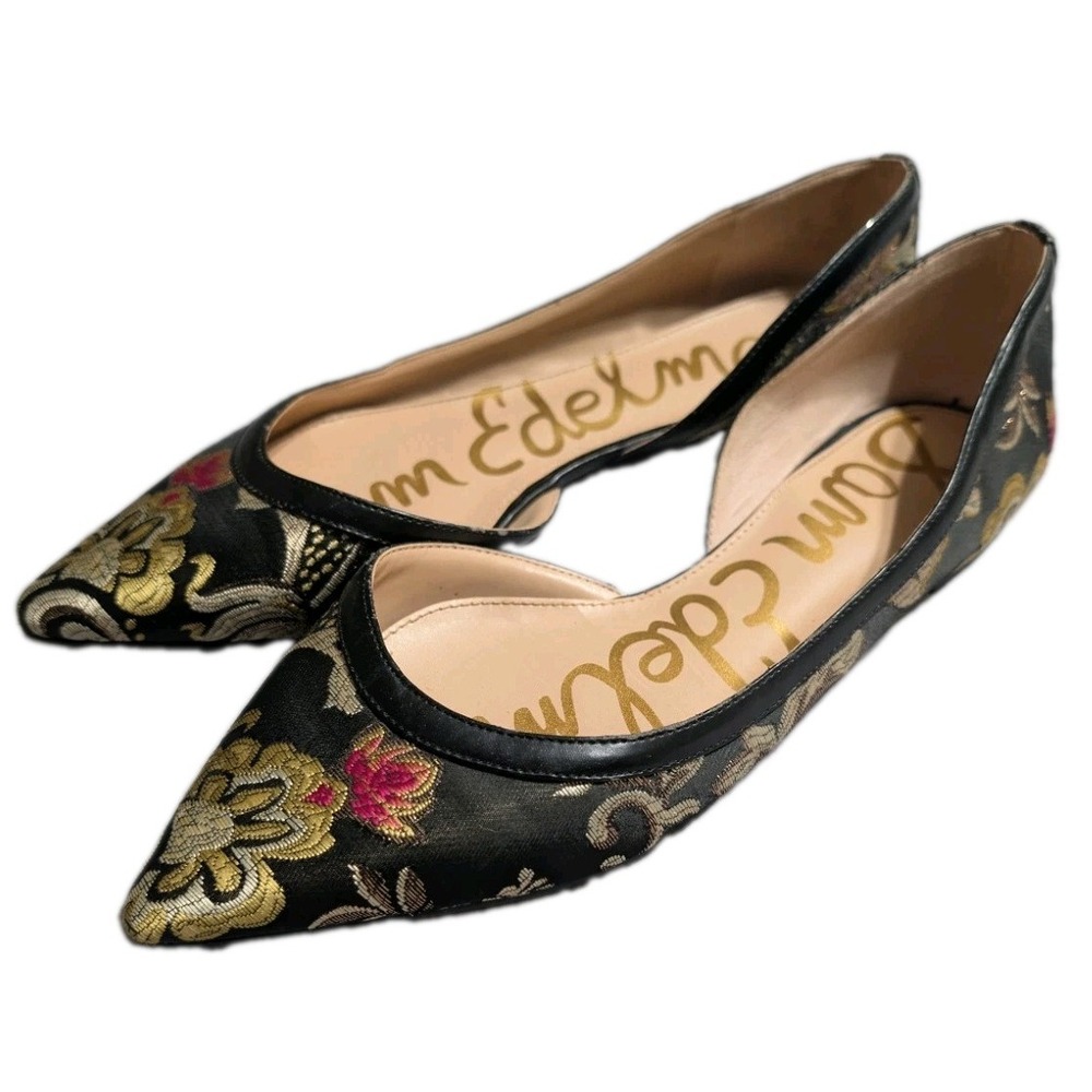 Sam Edelman Rodney Flats Womens 9 Black Gold Floral Brocade D'Orsay Pointed Toe